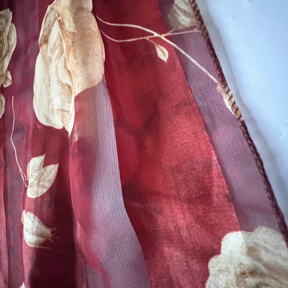 Vintage Sheer Floral Scarf Burgundy Rose Silky Striped Made in Korea 90s